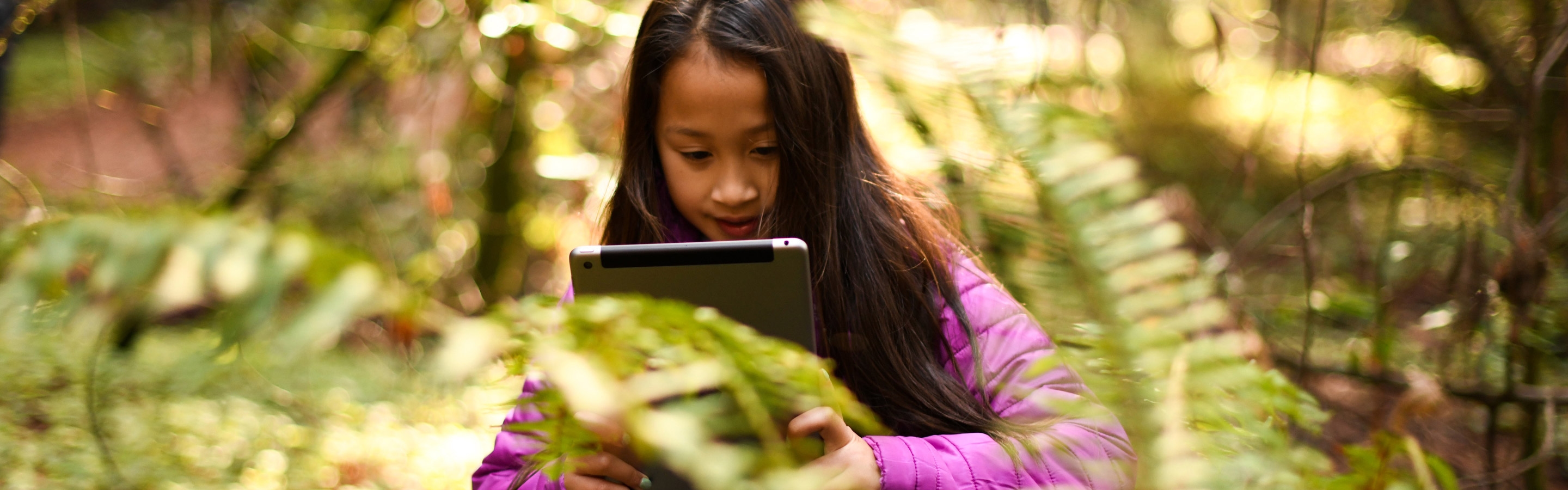 Élève en forêt utilisant un iPad