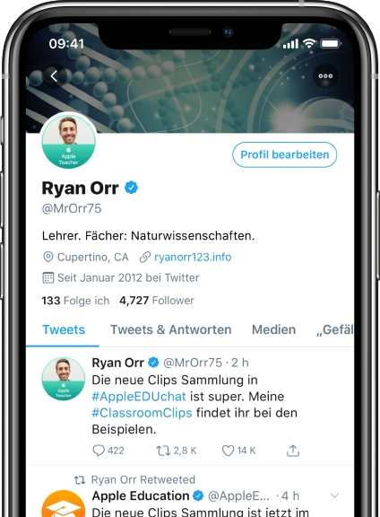 iPhone, das eine Twitter Seite mit einem offiziellen Apple Teacher Profilbild zeigt