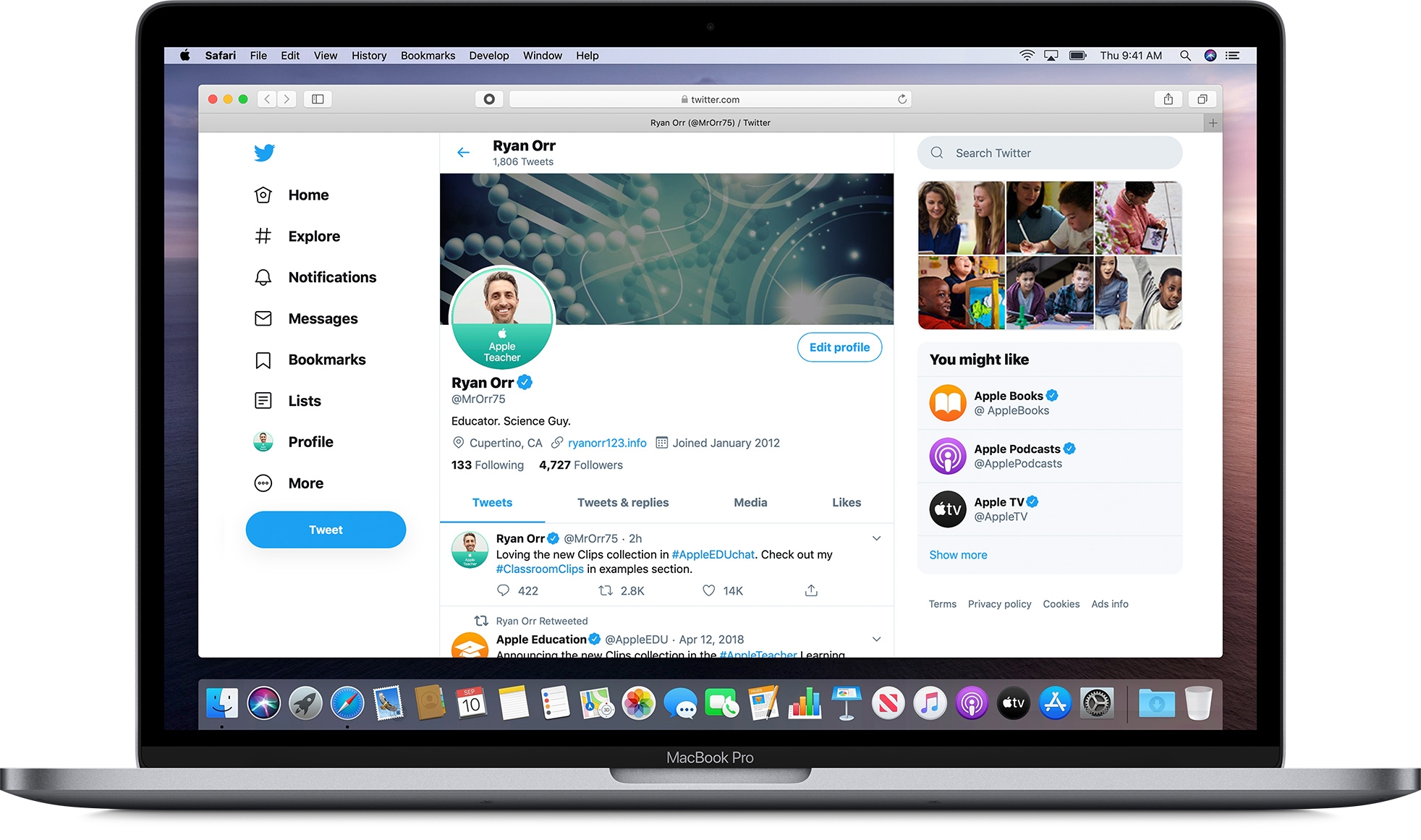 MacBook Pro showing a Twitter page with an official Apple Teacher profile image