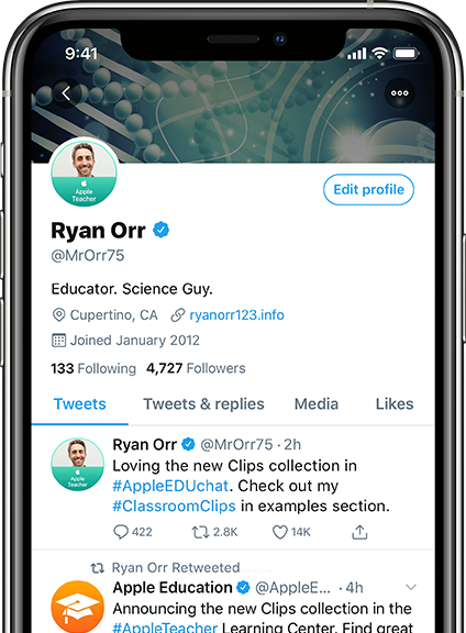 iPhone showing a Twitter page with an official Apple Teacher profile image