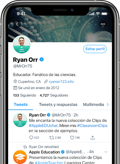 iPhone en el que se muestra una página de Twitter con una imagen de perfil de Apple Teacher oficial