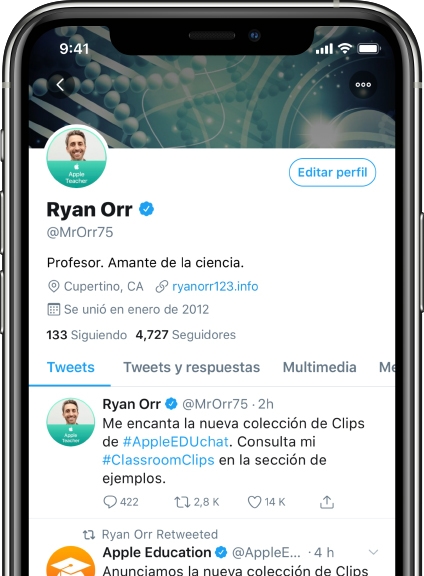 iPhone con una página de Twitter en la que aparece una imagen de perfil oficial de Apple Teacher