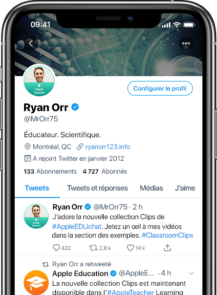 iPhone affichant une page Twitter avec une photo de profil Apple Teacher officielle