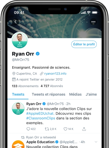 iPhone affichant une page Twitter avec une image de profil Apple Teacher officielle