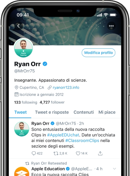 Un iPhone che mostra una pagina Twitter con l’immagine del profilo ufficiale di un Apple Teacher