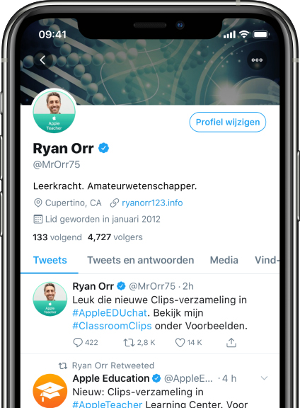 Een iPhone waarop een Twitter-pagina met een officiële Apple Teacher-profielfoto te zien is