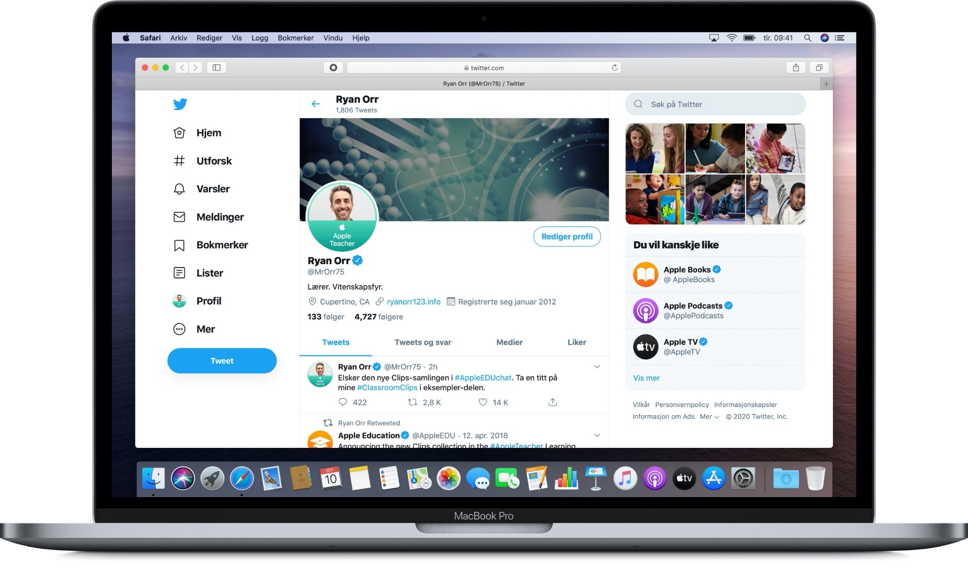 En MacBook Pro som viser en Twitter-side med et offisielt Apple Teacher-profilbilde