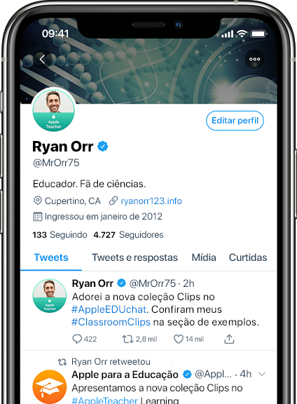 iPhone mostrando uma página do Twitter cujo perfil usa uma foto com a borda oficial do programa Apple Teacher