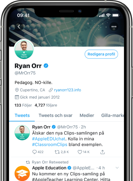 iPhone som visar en Twitter-sida med en officiell profilbild för Apple Teacher